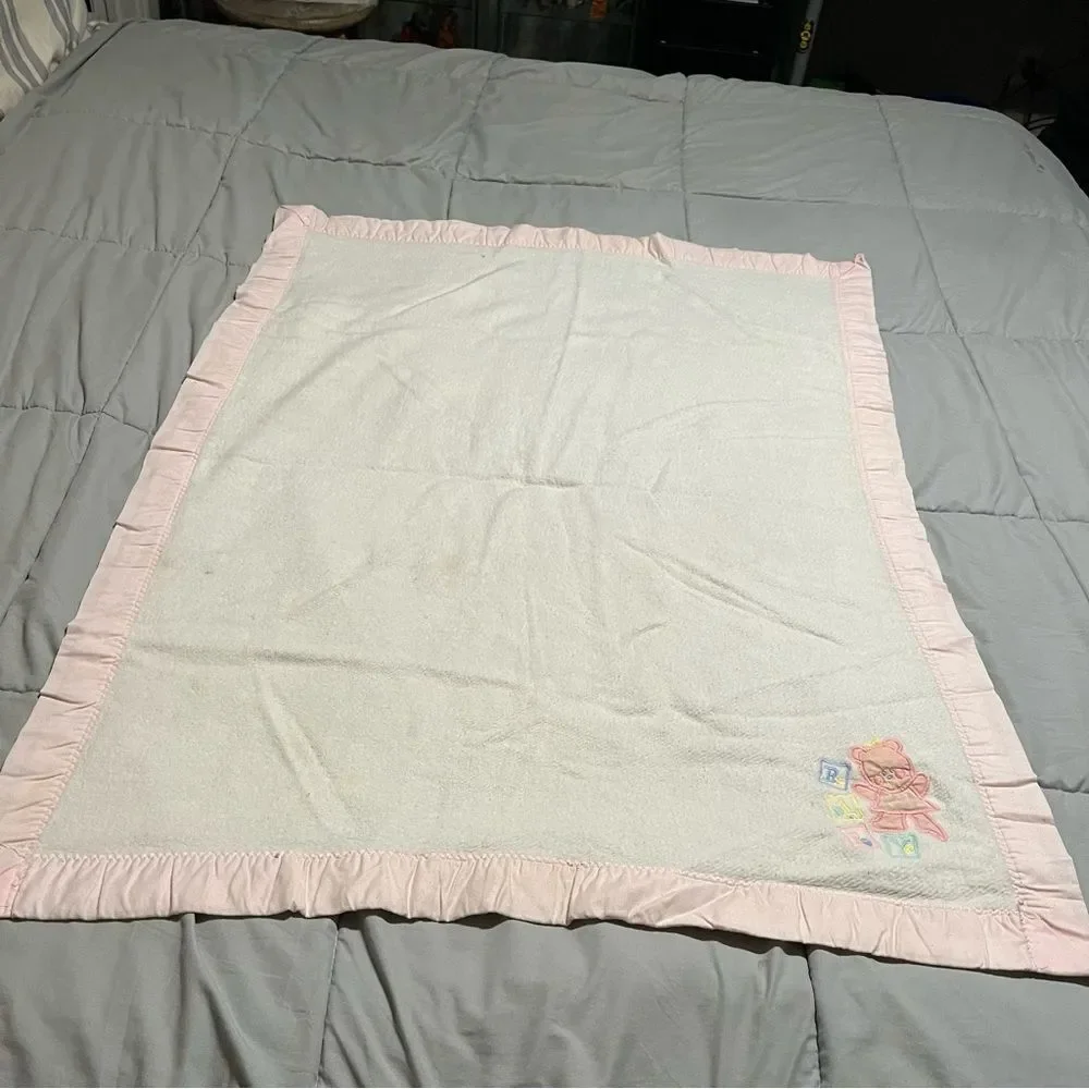 VTG Bundles by Sterncraft Baby Blanket Bear Blue Blocks Acrylic USA Satin Pink